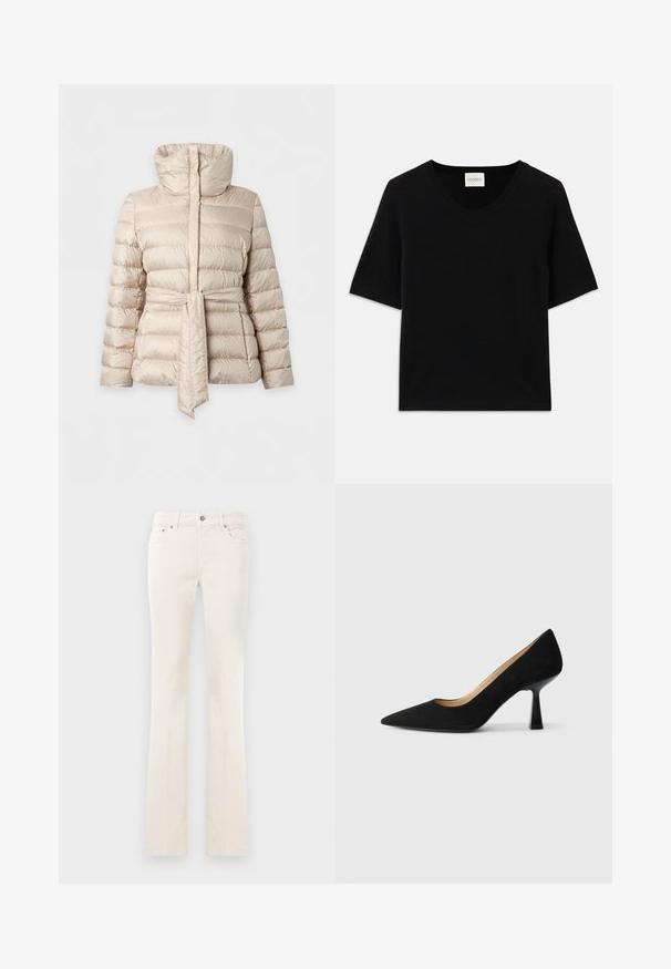 Beige gesteppte Steppjacke mit hohem Kragen und passendem Gürtel, der in der Taille gebunden ist, langen Ärmeln und seitlichen Reißverschlusstaschen.; Schwarzes kurzärmeliges Strickoberteil mit Rundhalsausschnitt. Verfügt über eine glatte Textur und Rippdetails entlang des Ausschnitts und der Ärmel.; Weiße gerade geschnittene Jeans mit Knopf und Taschen, vor einem schlichten weißen Hintergrund präsentiert.; Schwarze Wildleder-Pumps mit hohem Absatz und spitzer Zehenform, ausgestattet mit einem glänzenden schwarzen Blockabsatz und einem glatten Innenfutter.