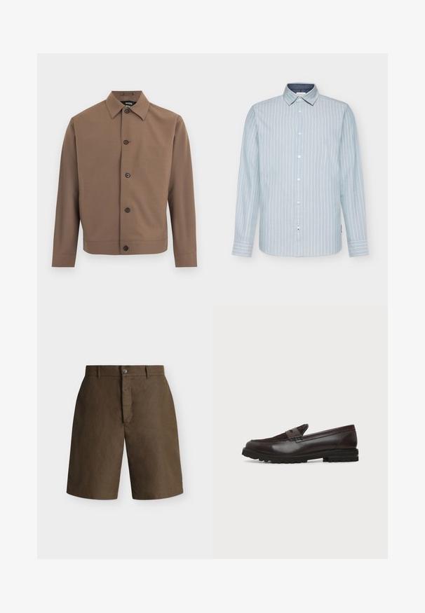 Veste marron à boutons avec col pointu, manches longues et quatre boutons foncés sur le devant, sur fond blanc.; Chemise à manches longues bleu clair avec des rayures verticales blanches, col boutonné et intérieur de col bleu marine contrastant. Tissu en coton doux.; Short marron longueur genou avec passants pour ceinture, fermeture par bouton et braguette zippée cachée sur fond uni clair.; Mocassin penny en cuir et daim marron foncé avec semelle épaisse en caoutchouc noir, profil latéral sur fond blanc.