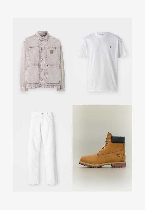 Lysegrå denim arbejdsjakke med knaplukning foran, to store nederste lommer, to brystlommer og en lille firkantet logo lappe på venstre bryst.; Hvid bomulds t-shirt med korte ærmer, rund hals og et lille guld logo på venstre brystområde. Blød tekstur og almindelig pasform.; Hvide denimbukser med lige ben-design, der har en frontknap og lynlås lukning, fem lommer og en ren, tekstureret overflade.; Brun læderankelstøvle med sort krave, gule snørebånd og tanfarvet sål. Har logo og hvide syninger som detalje. Robust ydersål med greb.
