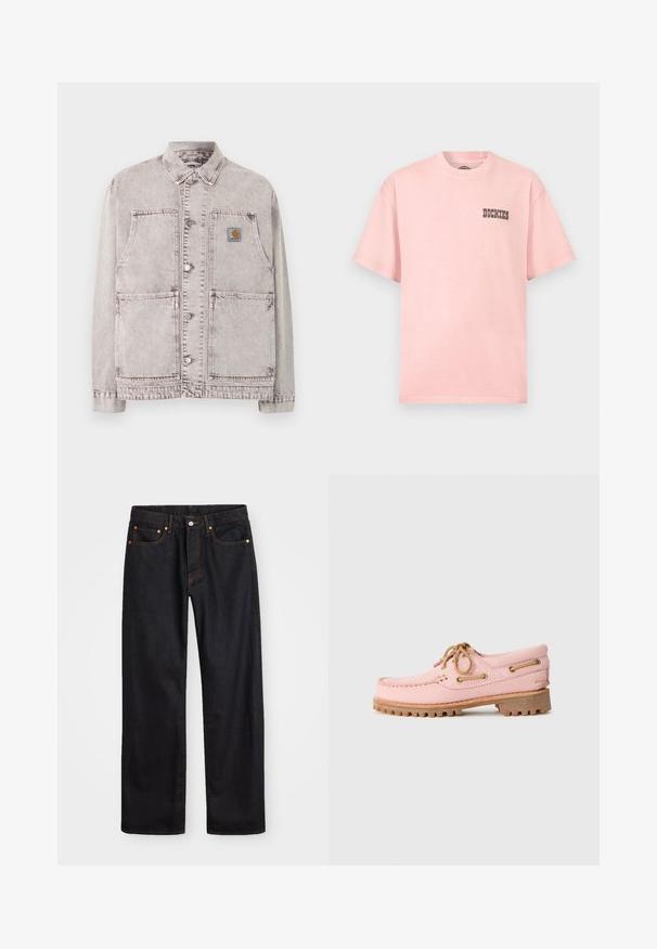 Vaaleanharmaa denim-työtakki, jossa napillinen edusta, kaksi suurta alaosa taskua, kaksi rintataskua ja vasemmassa rinnassa pieni neliön muotoinen logopläjäys.; Vaaleanpunainen lyhythihainen T-paita pyöreällä kaula-aukolla, jossa vasemmalla rinnalla pieni musta "Dickies"-logo.; Miestne čierne rovné džínsy so štyrmi vreckami a oranžovým šitím, zapínanie na gombík a zips na prednom pásku.; Vaaleanpunainen nahkainen venetalonskena, jossa on vaaleanruskeat nauhat, metalliset rei'itykset ja paksu ruskea kumipohja, esitetty profiilissa valkoista taustaa vasten.