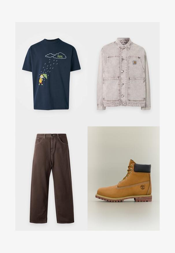 Chaqueta de trabajo de mezclilla gris claro con cierre frontal de botones, dos grandes bolsillos inferiores, dos bolsillos en el pecho y un pequeño parche de logo cuadrado en el pecho izquierdo.; Camiseta de algodón azul marino con un gráfico pixelado de una figura con un paraguas bajo nubes y gotas de lluvia, con texto en la parte superior en verde claro.; Pantalones de pierna ancha marrones hechos de algodón, con un clásico diseño de cinco bolsillos, cremallera y detalles de costura visibles.; Bota de tobillo de cuero marrón con cuello negro, cordones amarillos y suela beige. Presenta un logotipo y detalles de costura blanca. Suela exterior con tracción robusta.