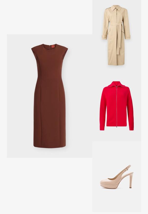 Trench beige largo con cuello ancho, mangas largas, cinturón delantero y bolsillos con solapa sobre un fondo liso.; Suéter rojo de punto con cremallera, puños y cuello acanalados, con cuello alto y cierre completo de cremallera metálica.; Vestido marrón sin mangas hasta la rodilla con escote redondo y cintura ajustada, mostrado sobre un fondo blanco liso.; Zapato de tacón alto tipo slingback de charol beige con suela plataforma y hebilla dorada en la correa del tobillo, mostrado de perfil sobre fondo blanco.