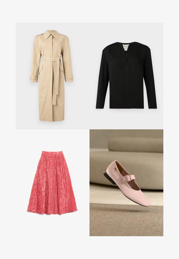 Beiger langer Trenchcoat mit breitem Kragen, langen Ärmeln, vorderem Gürtel und Klapptaschen vor einfarbigem Hintergrund.; Schwarzes Langarmshirt aus glattem Stoff. Verfügt über einen Ausschnitt mit Schlitz und ein minimalistisches Design mit geradem Schnitt und ohne Verzierungen.; Fließender coralfarbener Maxirock aus strukturiertem Stoff, mit floralen Mustern und kleinen weißen Akzenten sowie Falten für mehr Volumen.; Rosa Leder Mary Jane Ballerina mit quadratischer Spitze, verstellbarem Riemen und Schnalle, niedrigem schwarzen Absatz und glatter Textur, schwebend über einem Teppich.