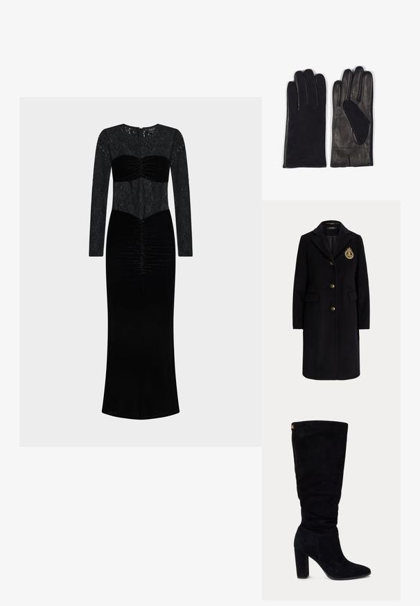Schwarzer langer Wollmantel mit goldenen Knöpfen und einem gold bestickten Wappen auf der linken Brustseite, mit einem Reverskragen und Pattentaschen.; Schwarzes Kleid mit Spitzentop und langen Ärmeln sowie einem Samtoberteil mit gerafften Details. Bodenlang mit geradem Schnitt.; Schwarzer Wildleder-Knielanger Damenstiefel mit Blockabsatz und spitzer Zehenpartie, mit einem kleinen goldenen Logoanhänger nahe dem oberen hinteren Bereich.; Schwarze Lederhandschuhe mit einer glatten Oberfläche, einem weichen Stofffutter und einer engen Passform. Auffällig ist das kontrastierende Material an der Handfläche.