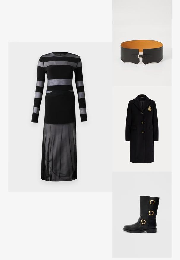 Abrigo largo negro de lana con botones dorados y un escudo bordado en dorado en el pecho izquierdo, con cuello con muesca y bolsillos con solapa.; Vestido negro de manga larga con rayas horizontales transparentes, un corsé ajustado y una falda fluida y transparente con un diseño de abertura. Tejido ligero.; Botín negro de cuero hasta el tobillo con tres hebillas en tono dorado, suela resistente y acabado suave. Presenta una puntera redondeada y un tacón bloque de altura media.; Cinturón de cuero negro con un diseño ancho, que presenta un forro interior color marrón claro, detalles en la hebilla y costuras decorativas a lo largo de los bordes.