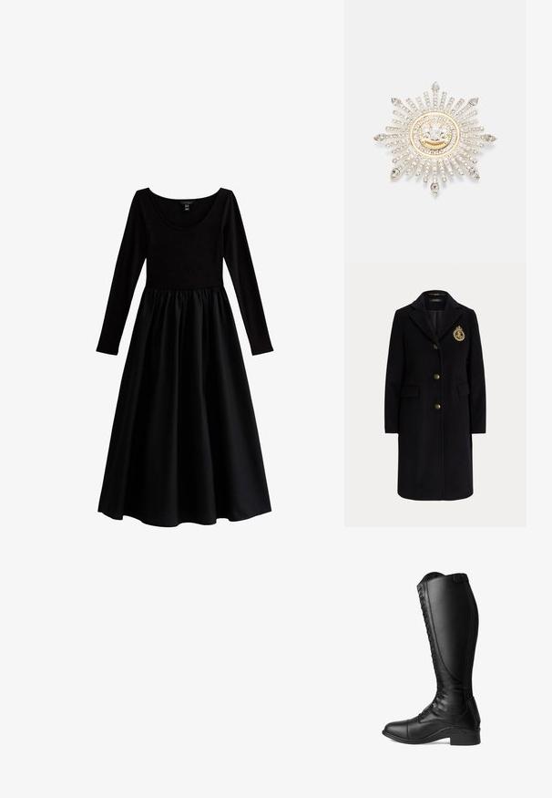 Abrigo largo negro de lana con botones dorados y un escudo bordado en dorado en el pecho izquierdo, con cuello con muesca y bolsillos con solapa.; Vestido negro con un top ajustado de manga larga, escote redondeado y una falda fluida y fruncida. Hecho de una tela suave con un acabado mate.; Botas de montar de cuero negro con un caña alta, cordones en la parte delantera, puntera redondeada y tacón bajo. Textura suave y diseño elegante.; Broche de plata con un diseño de estallido solar, que presenta piedras de strass transparentes y un centro circular acentuado en oro con un emblema.