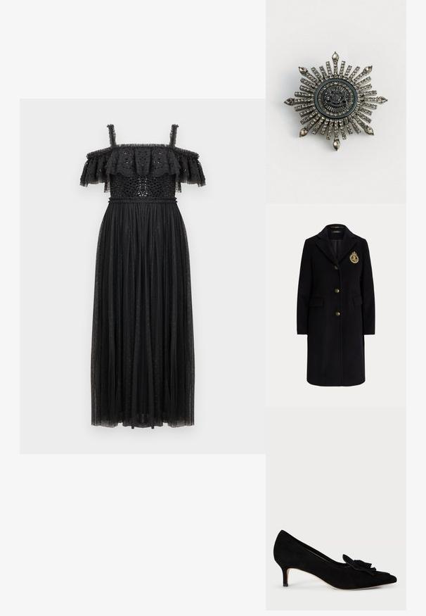 Manteau long en laine noire avec des boutons dorés et un blason brodé en or sur la poitrine gauche, avec un col cranté et des poches avec rabats.; Robe maxi noire à épaules dénudées, avec un décolleté à volants en étages, un corsage ajusté orné de sequins, et une jupe fluide en transparent à pois.; Escarpin noir en suede avec un bout pointu, un nœud décoratif et un talon fin de 5 cm. Texture lisse et silhouette classique.; Broche en forme d'étoile en métal argenté avec des strass clairs. Le design central présente un emblème circulaire avec des détails délicats.