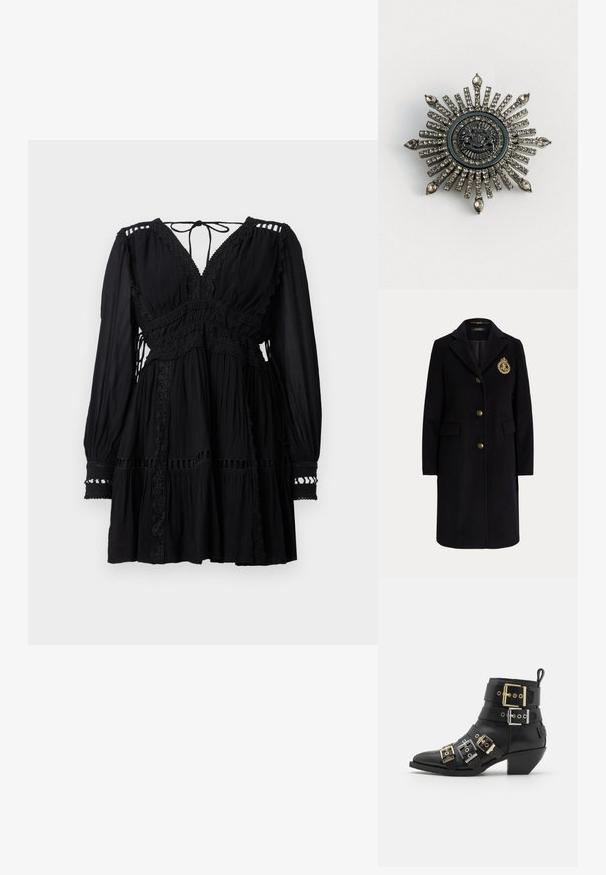 Abrigo largo negro de lana con botones dorados y un escudo bordado en dorado en el pecho izquierdo, con cuello con muesca y bolsillos con solapa.; Mini vestido negro de manga larga con escote en V, ribete de encaje, tejido fruncido y cierre con lazo en la parte posterior del cuello.; Botín negro de cuero hasta el tobillo con punta afilada, con múltiples correas adornadas con hebillas doradas y plateadas. Diseño de tacón cuadrado.; Broche en forma de estrella en metal de tono plateado con rhinestones transparentes. El diseño central presenta un emblema circular con un detallado intrincado.