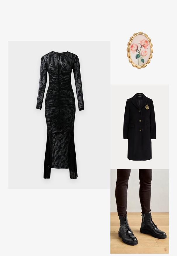 Abrigo largo negro de lana con botones dorados y un escudo bordado en dorado en el pecho izquierdo, con cuello con muesca y bolsillos con solapa.; Vestido negro de manga larga con silueta ajustada, tejido fruncido y capa de encaje floral. Presenta una abertura en la parte inferior para un detalle adicional.; Botas negras de cuero hasta el tobillo con detalles de brogue, cordones en la parte delantera, cremalleras laterales y suelas de goma texturizadas. Combinadas con pantalones oscuros de corte slim.; Broche ovalada con un borde acanalado en tonalidad dorada, que presenta un diseño floral de rosas rosas sobre un fondo claro. Textura suave y gráficos detallados.