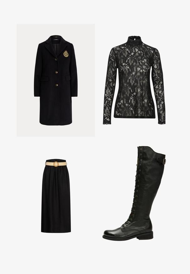 Zwarte lange wollen jas met gouden knopen en een goud geborduurd wapen op de linkerborst, met een reverskraag en klepzakken.; Zwarte kant turtleneck top met lange mouwen, voorzien van een intricaat bloemenpatroon en een gegolfde halslijn. Doorzichtig, textured stof.; Zwarte midi-rok van zachte stof, met een elastische tailleband en een geweven beige riem met een ronde gesp.; Zwarte leren kniehoog laars met vetersluiting aan de voorkant, zilveren oogjes en een bucklet aan de zijkant. Heeft een gestructureerde afwerking en een gestapelde hak.