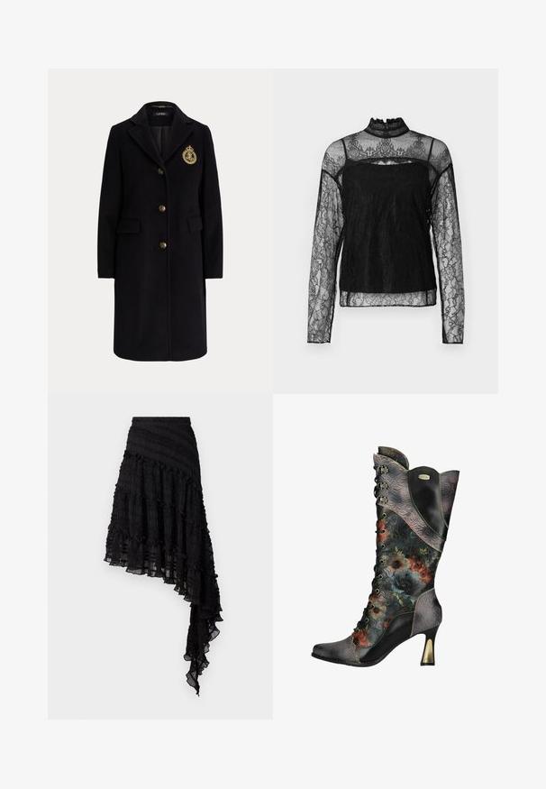Manteau long en laine noire avec des boutons dorés et un blason brodé en or sur la poitrine gauche, avec un col cranté et des poches avec rabats.; Haut en dentelle noir à manches longues avec col haut, motif floral complexe, tissu transparent et panneau solide sur la zone de la poitrine.; Jupe asymétrique noire avec des plis texturés, des volants superposés et une taille smockée. Tissu léger avec une finition transparente.; Botte noire en cuir femme à talon haut avec lacets, motifs floraux en relief et imprimé floral multicolore sur la tige et le pied.