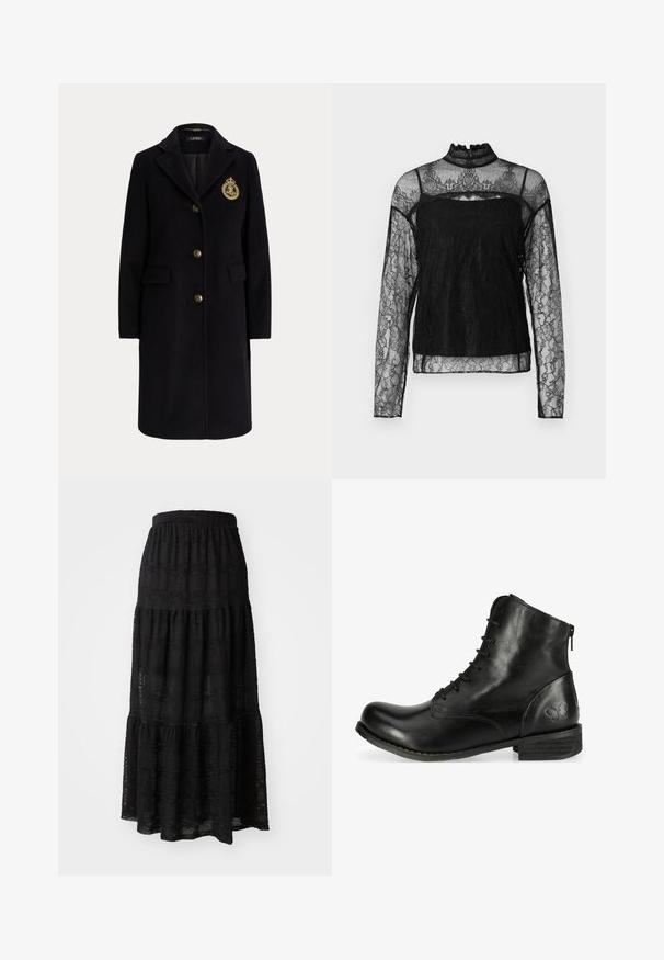 Manteau long en laine noire avec des boutons dorés et un blason brodé en or sur la poitrine gauche, avec un col cranté et des poches avec rabats.; Haut en dentelle noir à manches longues avec col haut, motif floral complexe, tissu transparent et panneau solide sur la zone de la poitrine.; Jupe maxi noire en tissu texturé, avec un design à volants, une taille froncée et de subtils motifs ondulés sur l'ensemble.; Bottes de cheville en cuir noir avec un bout arrondi, devant à lacets et fermeture éclair sur le côté. Fini texturé avec un détail en forme de papillon sur le talon.
