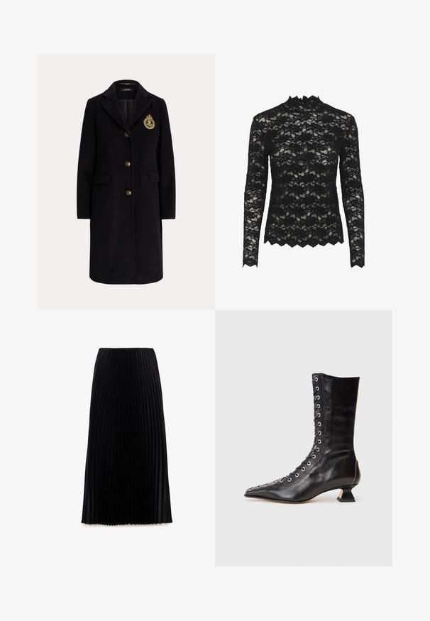 Manteau long en laine noire avec des boutons dorés et un blason brodé en or sur la poitrine gauche, avec un col cranté et des poches avec rabats.; Haut à manches longues en dentelle noire avec un col haut, motif floral, bords festonnés et texture transparente.; Jupe plissée noire avec une taille ajustée et un design longueur sol. Fabriquée en tissu léger avec une texture lisse.; Bottine noire en cuir avec un bout pointu, laçage à l'avant, œillets en métal, petit talon block et un design épuré. Texture lisse, silhouette moderne.
