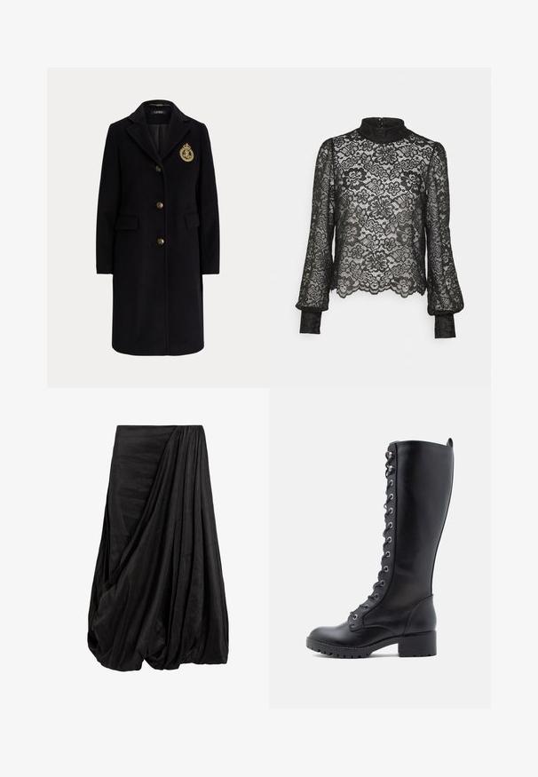 Zwarte lange wollen jas met gouden knopen en een goud geborduurd wapen op de linkerborst, met een reverskraag en klepzakken.; Pieces Petite PCMARIKA - Blouse - black; Zwarte gedrapeerde rok van een gladde stof, met ingewikkelde vouwen en een vloeiende silhouet met een geraffineerde taille-detail.; Zwarte leren kniehoge laarzen met een ronde neus, vetersluiting aan de voorkant, metalen oogjes en een chunky hak. Geïntroduceerde structuur met een soepele uitstraling.