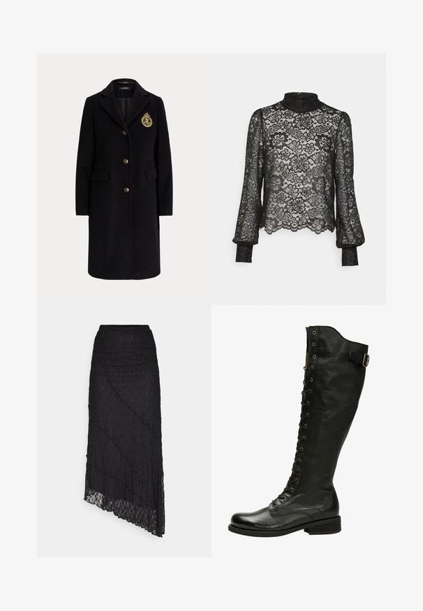 Zwarte lange wollen jas met gouden knopen en een goud geborduurd wapen op de linkerborst, met een reverskraag en klepzakken.; Pieces Petite PCMARIKA - Blouse - black; ONLY ONLKIM SLIT - Maxirok - black; Zwarte leren kniehoog laars met vetersluiting aan de voorkant, zilveren oogjes en een bucklet aan de zijkant. Heeft een gestructureerde afwerking en een gestapelde hak.