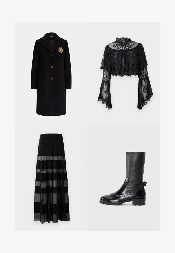 Manteau long en laine noire avec des boutons dorés et un blason brodé en or sur la poitrine gauche, avec un col cranté et des poches avec rabats.; Blouse courte en dentelle noire avec manches longues évasées, col montant à volants et motif floral sur tissu transparent.; Jupe maxi noire avec une taille ajustée, comportant des panneaux transparents et des rayures opaques. Tissu léger avec une texture lisse.; Bottine noire avec une tige en cuir lisse, des détails de brogue, un bout rond et un talon bloc de hauteur moyenne. Comprend un tige douce et texturée.