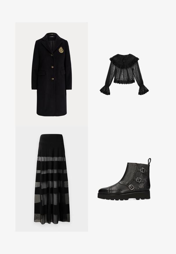 Manteau long en laine noire avec des boutons dorés et un blason brodé en or sur la poitrine gauche, avec un col cranté et des poches avec rabats.; Blouse noire transparente à manches longues avec volants en dentelle aux épaules, poignets et ourlet, broderies d’étoiles et de fleurs, col rond avec lien.; Jupe maxi noire avec une taille ajustée, comportant des panneaux transparents et des rayures opaques. Tissu léger avec une texture lisse.; Bottine en cuir noir avec trois boucles argentées, détails cloutés, semelle épaisse à crampons et languette arrière.