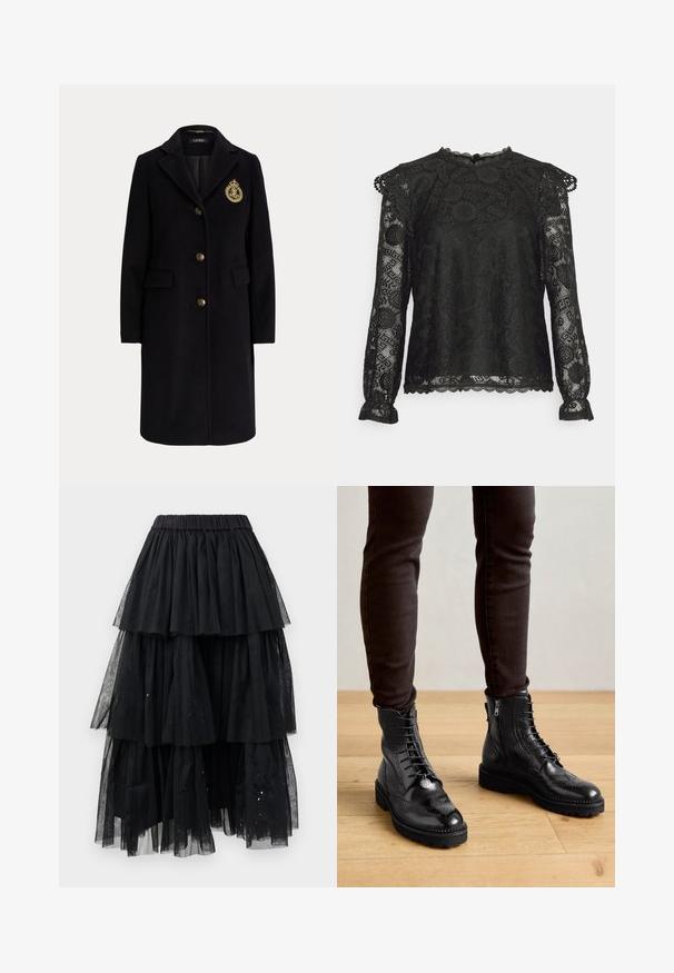 Abrigo largo negro de lana con botones dorados y un escudo bordado en dorado en el pecho izquierdo, con cuello con muesca y bolsillos con solapa.; Pieces Petite PCOLLINE - Camiseta de manga larga - black; Falda de tul negro en capas con cinturilla elástica y un diseño en cascada con longitudes variables y sutiles toques de purpurina.; Botas negras de cuero hasta el tobillo con detalles de brogue, cordones en la parte delantera, cremalleras laterales y suelas de goma texturizadas. Combinadas con pantalones oscuros de corte slim.