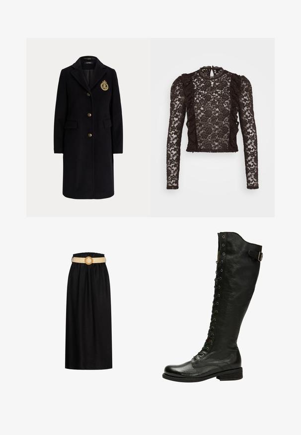 Abrigo largo negro de lana con botones dorados y un escudo bordado en dorado en el pecho izquierdo, con cuello con muesca y bolsillos con solapa.; Blusa negra de encaje con mangas largas, bordes volantes, cuello alto y patrones florales. Diseño transparente con detalles intrincados en toda la prenda.; Falda midi negra hecha de una tela suave, con una cinturilla elástica y un cinturón tejido beige con una hebilla circular.; Bota de cuero negro hasta la rodilla con cordones en el frente, ojales de plata y hebilla lateral. Presenta un acabado texturizado y tacón apilado.