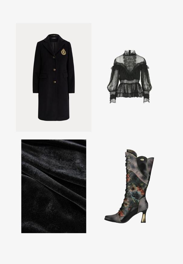 Sort lang uldfrakke med guldknapper og et guldbroderet våbenskjold på venstre bryst, med en hakket krave og klaplommer.; Luisa Spagnoli Lauco- Blouse - Fashion Show - Bluse - nero; Sort fløjlstof med en blød, glat tekstur, der har en let glans og subtile lysreflekser over overfladen.; Dame sort læder høje hæle snørebånd støvle med præget blomster mønstre og flerfarvet blomsterprint på skaftet og foden.