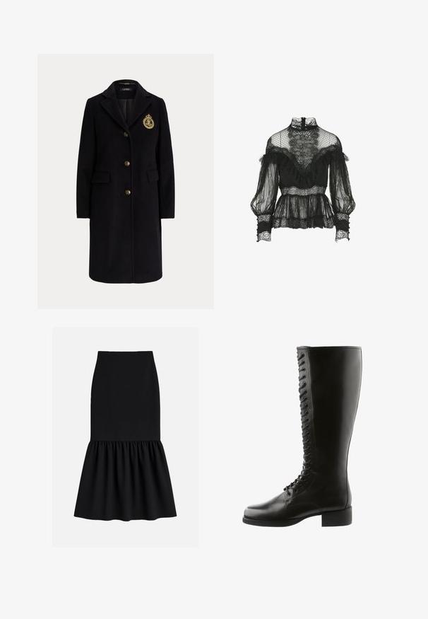 Sort lang uldfrakke med guldknapper og et guldbroderet våbenskjold på venstre bryst, med en hakket krave og klaplommer.; Luisa Spagnoli Lauco- Blouse - Fashion Show - Bluse - nero; Sort midi-nederdel lavet af strækbart stof, med en tætsiddende talje og en udvidet, rynket bund med en glat tekstur.; Sorte læder støvler til knæhøjde med snørebånd foran, rund tå og blokhæl, med en glat overflade og ingen synlige mønstre.