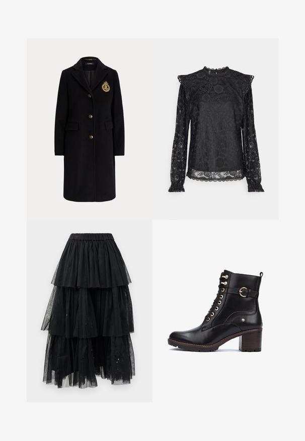 Abrigo largo negro de lana con botones dorados y un escudo bordado en dorado en el pecho izquierdo, con cuello con muesca y bolsillos con solapa.; PIECES Tall PCOLLINE - Blusa - black; Falda de tul negro en capas con cinturilla elástica y un diseño en cascada con longitudes variables y sutiles toques de purpurina.; Botas de tobillo de cuero negro con herrajes dorados, punta redonda, diseño de cordones y un tacón grueso con acabado de madera. Presenta un acento de correa lateral.