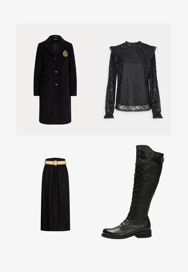 Abrigo largo negro de lana con botones dorados y un escudo bordado en dorado en el pecho izquierdo, con cuello con muesca y bolsillos con solapa.; PIECES Tall PCOLLINE - Blusa - black; Falda midi negra hecha de una tela suave, con una cinturilla elástica y un cinturón tejido beige con una hebilla circular.; Bota de cuero negro hasta la rodilla con cordones en el frente, ojales de plata y hebilla lateral. Presenta un acabado texturizado y tacón apilado.
