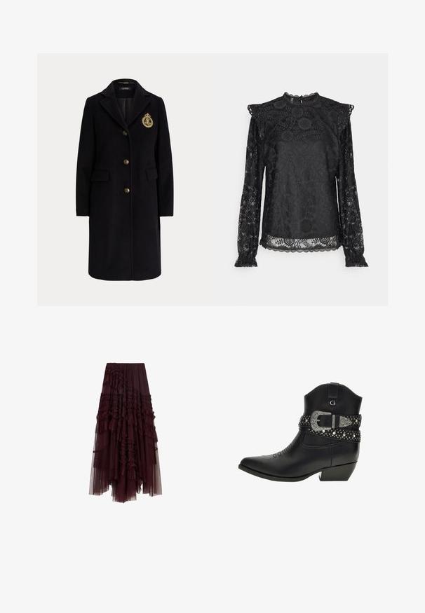 Sort lang uldfrakke med guldknapper og et guldbroderet våbenskjold på venstre bryst, med en hakket krave og klaplommer.; PIECES Tall PCOLLINE - Bluse - black; Bordeaux tylskørt med rynkede lag, elastisk talje og varierende længder, der har en blød, let tekstur.; Sorte læder cowboystøvler med spids tå, dekorativ syning, sølvfarvede spændeaccenter og en lav, blokhælt.