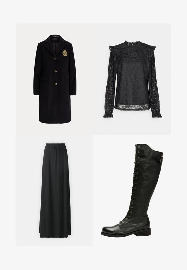 Manteau long en laine noire avec des boutons dorés et un blason brodé en or sur la poitrine gauche, avec un col cranté et des poches avec rabats.; PIECES Tall PCOLLINE - Blouse - black; Jupe maxi noire en tissu doux et extensible avec une taille élastique, présentant une silhouette fluide en A.; Botte en cuir noir hauteur genou avec un laçage à l'avant, œillets en métal argenté et boucle sur le côté. Présente une finition texturée et un talon empilé.