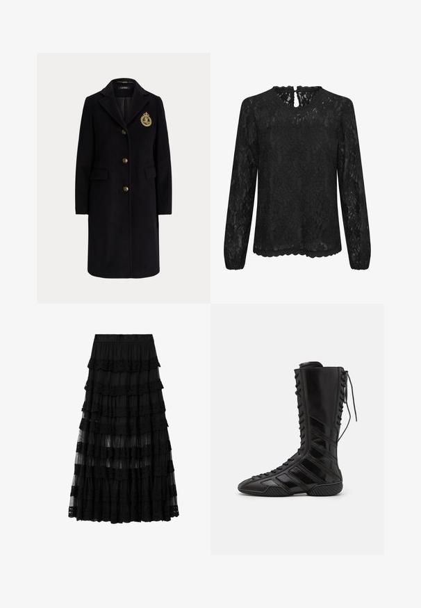 Abrigo largo negro de lana con botones dorados y un escudo bordado en dorado en el pecho izquierdo, con cuello con muesca y bolsillos con solapa.; Blusa de encaje negro de manga larga con escote redondo, dobladillo festoneado y detalle de ojal en la parte trasera. Patrón floral delicado en toda la prenda.; Falda midi negra de encaje con volantes, cintura elástica con el nombre de la marca grabado, con paneles de tela en capas transparentes y sólidas.; Botas altas negras de material sintético brillante, con un intrincado diseño de cordones y acentos de rayas diagonales en los costados.
