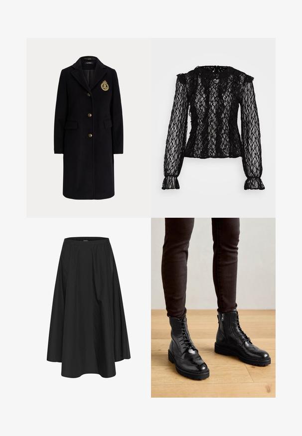 Abrigo largo negro de lana con botones dorados y un escudo bordado en dorado en el pecho izquierdo, con cuello con muesca y bolsillos con solapa.; Top de encaje negro de manga larga con un diseño ajustado, detalles con volantes en los hombros y puños, y un patrón floral texturizado en toda la prenda.; Falda negra hasta la rodilla con cintura elástica, con pliegues para dar volumen y una textura suave. Diseño simple y clásico sin adornos.; Botas negras de cuero hasta el tobillo con detalles de brogue, cordones en la parte delantera, cremalleras laterales y suelas de goma texturizadas. Combinadas con pantalones oscuros de corte slim.