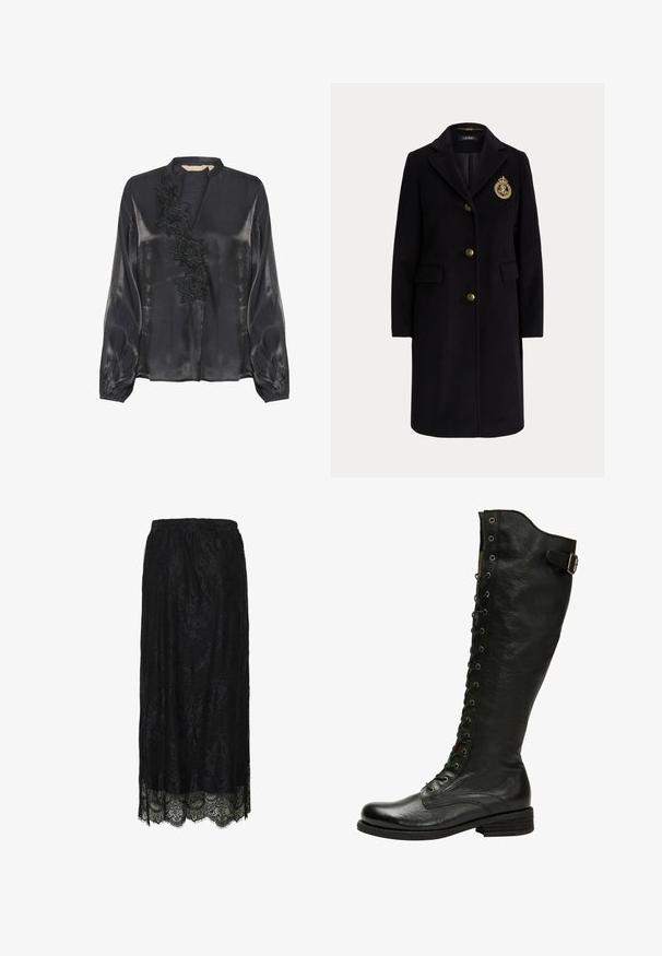 Zwarte lange wollen jas met gouden knopen en een goud geborduurd wapen op de linkerborst, met een reverskraag en klepzakken.; Culture CUFIOLA - Blouse - black; Zwarte kant midi-rok met scalloped zoom en bloemmotief, voorzien van een elastische tailleband.; Zwarte leren kniehoog laars met vetersluiting aan de voorkant, zilveren oogjes en een bucklet aan de zijkant. Heeft een gestructureerde afwerking en een gestapelde hak.