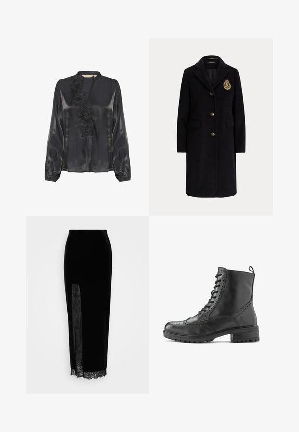 Must villane pikk mantel kuldsete nööpide ja vasakul rinnal kuldse tikandiga vapiga, millel on sälkline krae ja klapiga taskud.; Culture CUFIOLA - Pluus - black; Mustmust skirt, millel läbipaistev pitspaneel ühel küljel, lõhik ja pitsäär all. Üksikasjalik disain sujuva tekstuuriga.; Mustast nahast pahkluu saabas brogue-detailidega, paeltega kinnituv, robustse tallaga ja kannal tõmbenööriga, mis lihtsustab jalga panemist.
