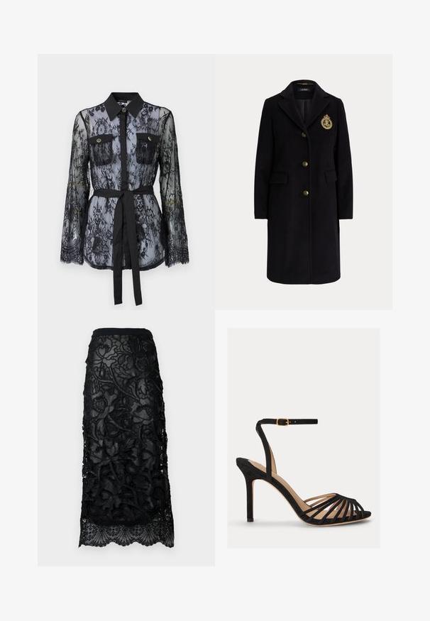 Abrigo largo negro de lana con botones dorados y un escudo bordado en dorado en el pecho izquierdo, con cuello con muesca y bolsillos con solapa.; Blusa de encaje negro con mangas largas, bolsillos en el pecho con botón, cuello clásico y un cinturón de tela atado a la cintura. Diseño transparente.; Falda negra de encaje con intrincados bordados florales, una cintura ajustada y un dobladillo con forma de ondas. Capa superior transparente con detalles texturizados.; Sandalia negra de tacón alto con puntera abierta, múltiples tiras delanteras finas y una correa ajustable en el tobillo con hebilla dorada.
