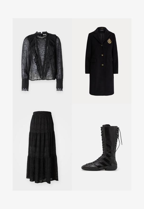 Manteau long en laine noire avec des boutons dorés et un blason brodé en or sur la poitrine gauche, avec un col cranté et des poches avec rabats.; Chemisier noir à manches longues, fabriqué en tissu transparent, avec des volants sur le devant et des accents en dentelle sur le col et les poignets.; Jupe maxi noire en tissu texturé, avec un design à volants, une taille froncée et de subtils motifs ondulés sur l'ensemble.; Bottes montantes noires en matériau synthétique brillant, présentant un design de laçage sophistiqué et des accents de rayures diagonales sur les côtés.