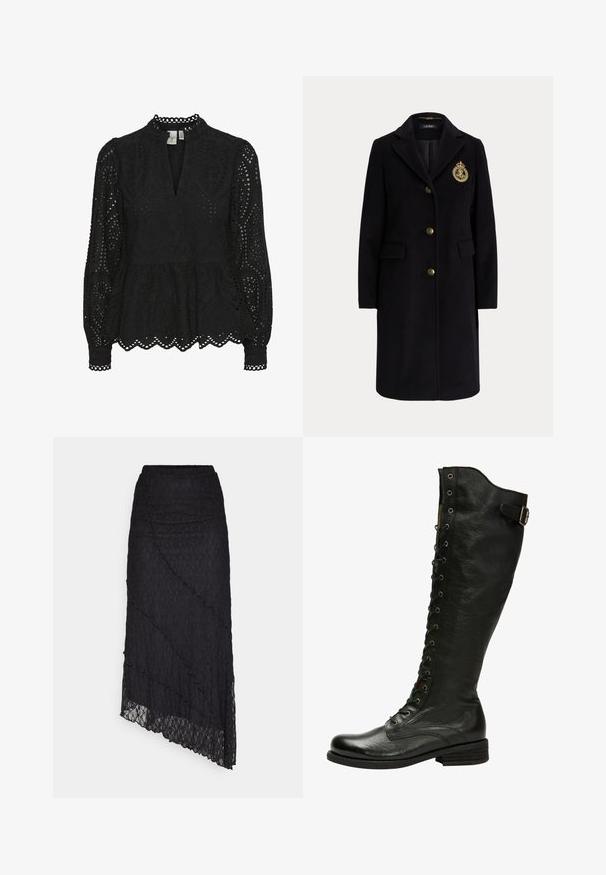 Abrigo largo negro de lana con botones dorados y un escudo bordado en dorado en el pecho izquierdo, con cuello con muesca y bolsillos con solapa.; Blusa negra con cuello alto, mangas largas y patrones de corte intrincados, con un dobladillo de peplum y bordes en forma de concha.; ONLY ONLKIM SLIT - Falda larga - black; Bota de cuero negro hasta la rodilla con cordones en el frente, ojales de plata y hebilla lateral. Presenta un acabado texturizado y tacón apilado.