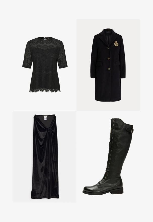 Abrigo largo negro de lana con botones dorados y un escudo bordado en dorado en el pecho izquierdo, con cuello con muesca y bolsillos con solapa.; Top de encaje negro con mangas cortas. Presenta detalles florales intrincados, un dobladillo con forma de concha y un cierre en la parte posterior con forma de ojal. Textura semi-translúcida.; GmbH LONG SKIRT WITH A KNOT - Falda larga - black; Bota de cuero negro hasta la rodilla con cordones en el frente, ojales de plata y hebilla lateral. Presenta un acabado texturizado y tacón apilado.