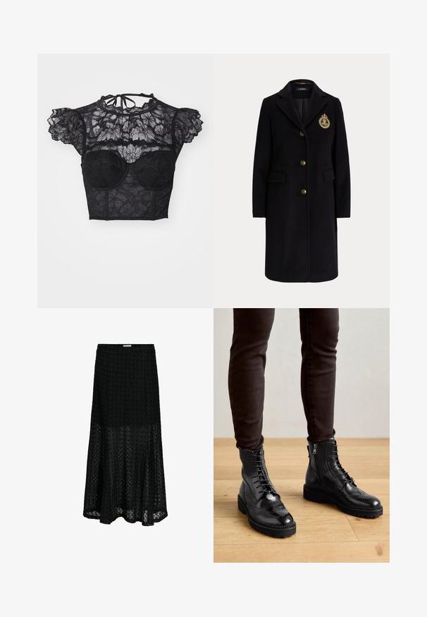 Abrigo largo negro de lana con botones dorados y un escudo bordado en dorado en el pecho izquierdo, con cuello con muesca y bolsillos con solapa.; LASCANA Blusa - black; Falda negra de corte línea A con superposición de encaje floral texturizado, ajustada en cintura y caderas, se ensancha debajo de la rodilla, bajo parcialmente transparente.; Botas negras de cuero hasta el tobillo con detalles de brogue, cordones en la parte delantera, cremalleras laterales y suelas de goma texturizadas. Combinadas con pantalones oscuros de corte slim.
