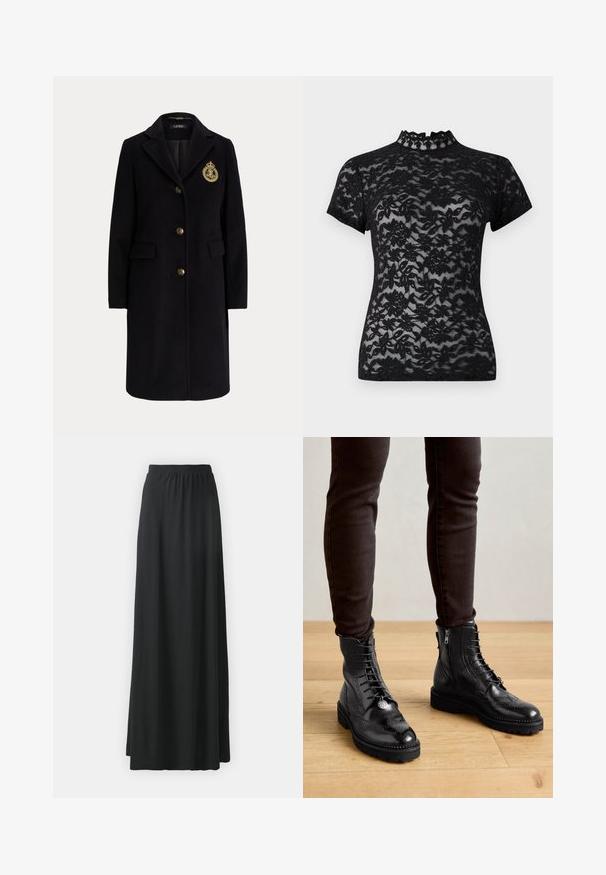 Manteau long en laine noire avec des boutons dorés et un blason brodé en or sur la poitrine gauche, avec un col cranté et des poches avec rabats.; Top en dentelle noire avec un col haut à volants et des manches courtes, présentant un motif floral et une texture transparente tout au long.; Jupe maxi noire en tissu doux et extensible avec une taille élastique, présentant une silhouette fluide en A.; Bottines en cuir noir avec des détails de brogue, un laçage à l'avant, des fermetures éclair sur les côtés et des semelles en caoutchouc texturé. Associées à un pantalon slim noir.