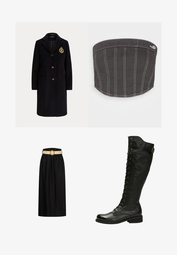 Sort lang uldfrakke med guldknapper og et guldbroderet våbenskjold på venstre bryst, med en hakket krave og klaplommer.; NA-KD CONTRAST STITCHING CORSET - Top - dark grey; Sort midi-skrædder lavet af blødt stof, med en elastisk talje og et vævet beige bælte med en cirkulær spænde.; Sorte læder knæhøje støvler med snørebånd foran, sølvøjer og sidebælte. Har en tekstureret overflade og stablet hæl.