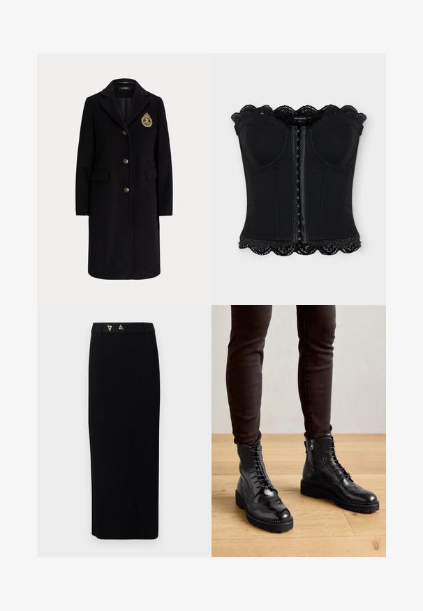 Schwarzer langer Wollmantel mit goldenen Knöpfen und einem gold bestickten Wappen auf der linken Brustseite, mit einem Reverskragen und Pattentaschen.; Schwarzes trägerloses Korsett mit vorderen Hakenverschlüssen, geformten Cups und gewelltem Spitzenbesatz an oberen und unteren Kanten.; AERON FORUM - Bleistiftrock - black; Schwarze LederStiefeletten mit Brogue-Details, Schnürung, seitlichen Reißverschlüssen und strukturierten Gummi-Sohlen. Kombiniert mit dunklen Slim-Fit-Hosen.
