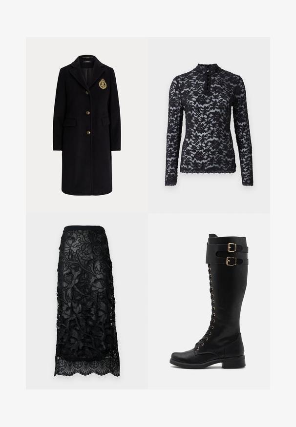 Manteau long en laine noire avec des boutons dorés et un blason brodé en or sur la poitrine gauche, avec un col cranté et des poches avec rabats.; Rosemunde T-shirt à manches longues - black; Jupe en dentelle noire avec une broderie florale délicate, une taille ajustée et un ourlet festonné. Superposition transparente avec des détails texturés.; Bottes en cuir noires montantes avec des accents en métal doré, présentant un laçage à l'avant, deux courroies à boucle et un talon carré.