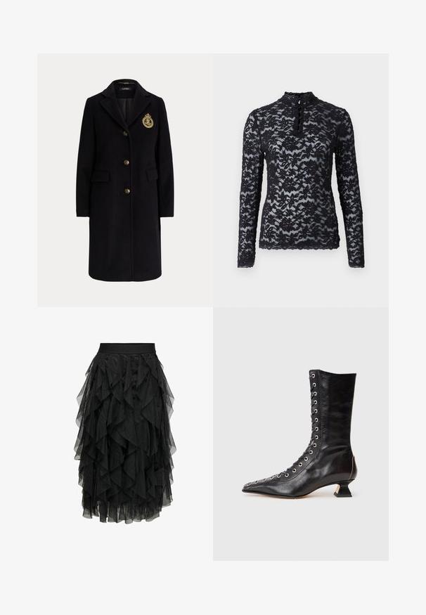 Manteau long en laine noire avec des boutons dorés et un blason brodé en or sur la poitrine gauche, avec un col cranté et des poches avec rabats.; Rosemunde T-shirt à manches longues - black; Jupe noire en tulle superposé avec un design à volants. Elle dispose d'une taille élastique. Le tissu transparent ajoute de la texture et du mouvement.; Bottine noire en cuir avec un bout pointu, laçage à l'avant, œillets en métal, petit talon block et un design épuré. Texture lisse, silhouette moderne.