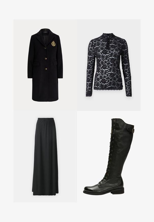 Sort lang uldfrakke med guldknapper og et guldbroderet våbenskjold på venstre bryst, med en hakket krave og klaplommer.; Rosemunde Langærmet T-shirt - black; Sort maxi nederdel lavet af blød, strækbar stof med elastisk liv, der har en svajende, A-formet silhuet.; Sorte læder knæhøje støvler med snørebånd foran, sølvøjer og sidebælte. Har en tekstureret overflade og stablet hæl.