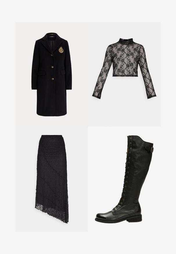 Sort lang uldfrakke med guldknapper og et guldbroderet våbenskjold på venstre bryst, med en hakket krave og klaplommer.; ONLY ONLHELENA HIGH NECK LACE - Langærmet T-shirt - black; ONLY ONLKIM SLIT - Maxinederdele - black; Sorte læder knæhøje støvler med snørebånd foran, sølvøjer og sidebælte. Har en tekstureret overflade og stablet hæl.