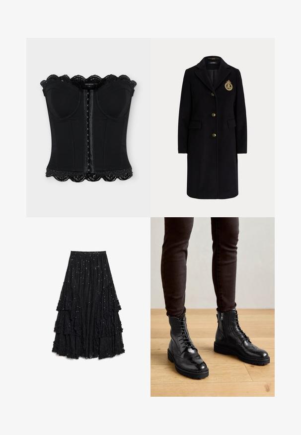 Manteau long en laine noire avec des boutons dorés et un blason brodé en or sur la poitrine gauche, avec un col cranté et des poches avec rabats.; Corset noir sans bretelles avec fermeture à crochets à l'avant, bonnets moulés et bordure en dentelle festonnée en haut et en bas.; Jupe noire à couches en dentelle texturée, présentant des volants avec une finition effilochée et des paillettes éparpillées pour plus de détails.; Bottines en cuir noir avec des détails de brogue, un laçage à l'avant, des fermetures éclair sur les côtés et des semelles en caoutchouc texturé. Associées à un pantalon slim noir.
