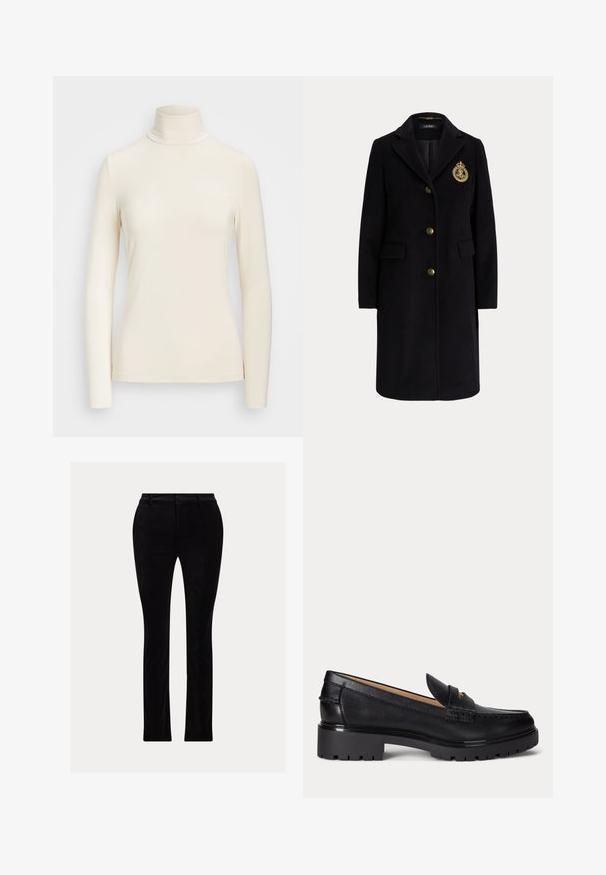 Sort lang uldfrakke med guldknapper og et guldbroderet våbenskjold på venstre bryst, med en hakket krave og klaplommer.; Langærmet turtleneck-top i blødt, cremefarvet stof. Har et tætsiddende design med høj krave og sømløse ærmekanter.; Sorte bukser lavet af et glat, fløjl-lignende stof. Skræddersyet pasform med lige ben, der har en traditionel talje og bæltestropper.; Sort læderloafer med grov rillede såler, lav hæl og dekorativ rem over fronten.