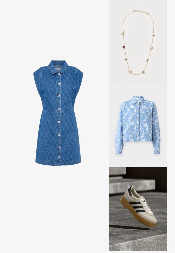 Blaues Jeanshemd mit weißer Blumenstickerei, Kragen, langen Ärmeln und Brusttasche. Mit silbernen Knöpfen entlang der Mitte.; Jeanskleid mit kragenförmigem Ausschnitt, Struktur im Rautenmuster, kurzen Ärmeln und Knopfleiste. Blaue Farbe, tailliert, knielang.; Beige Wildleder-Sneaker mit schwarzen Streifen, weißen Schnürsenkeln und einer Gummisohle in Karamellfarbe. Mit "SPEZIAL" Schriftzug an der Seite.; Zarte Goldkette mit sieben unregelmäßig geformten Edelsteinfassungen in Rot, Klar und Dunkelgrau, gleichmäßig entlang der Kette verteilt.
