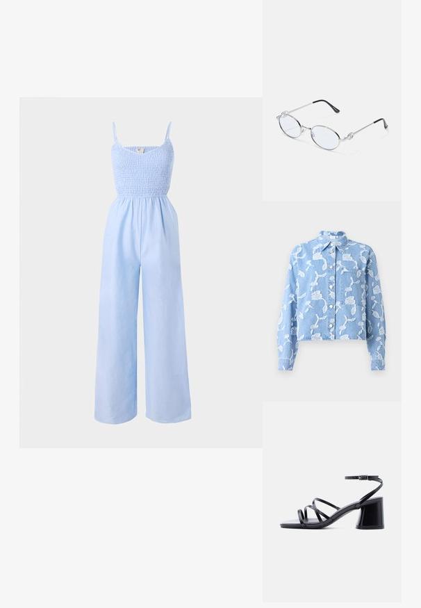 Blå denimskjorte med hvid blomstermønsterbroderi, krave, lange ærmer og frontlomme. Har sølvknapper langs midten.; Lysblå jumpsuit lavet af blødt stof, med et smocked bodice, tynde stropper og vide ben for en løs pasform.; Sort damesandal med blokhæl, tre tynde remme over tæerne og ankelrem med sølvspænde på hvid baggrund.; Sølvmetal ovale briller med klare linser, prydet med dekorative sideaccenter og sorte spidser på stængerne for bedre greb og komfort.
