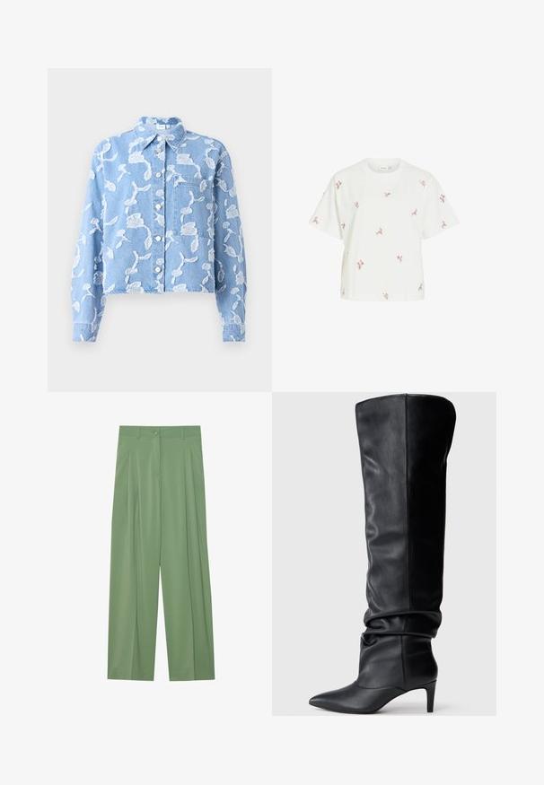 Camisa de denim azul con bordado floral blanco, collar, mangas largas y bolsillo frontal. Presenta botones plateados a lo largo del centro.; Camisa blanca de manga corta con pequeños estampados florales rosas dispersos y cuello redondo.; Pantalones de pierna ancha verdes hechos de tela suave. Presentan pliegues en el frente, un cierre de botón único y pasadores para cinturón.; Bota de cuero negro hasta la rodilla con punta afilada, diseño suelto y un tacón modesto. Textura suave con detalles de costura visibles.